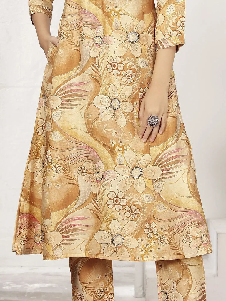 Charming Beige Floral Printed Chanderi Traditional Kurti With Pant