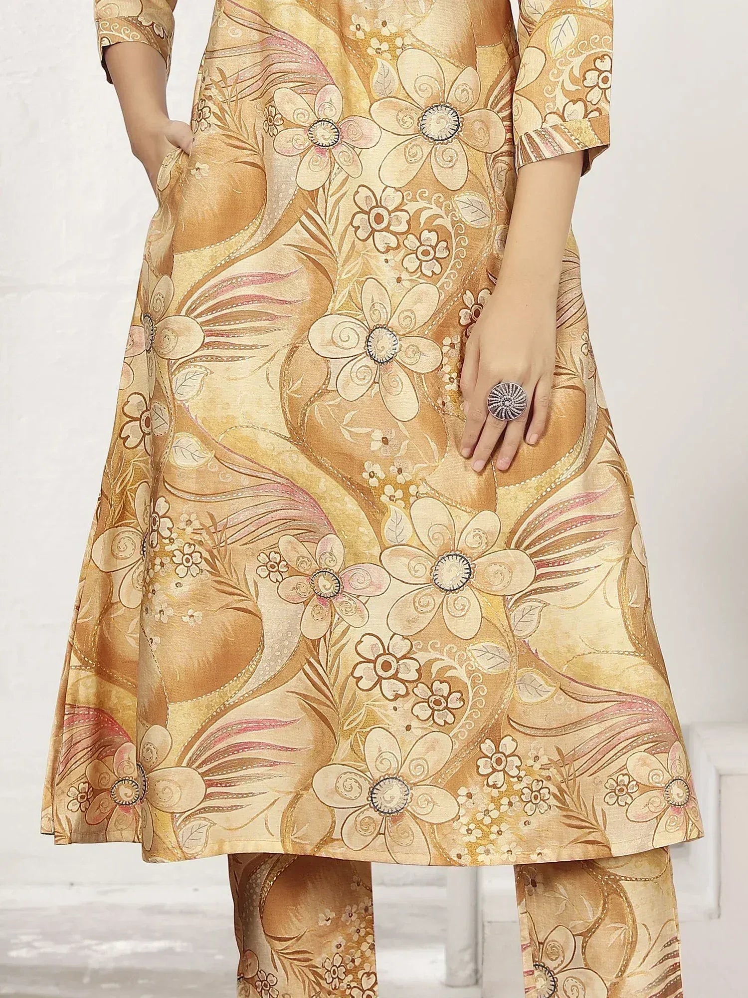 Golden floral print ethnic kurti with matching palazzo, perfect for Indian wear