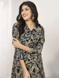 Precious Black Floral Printed Chanderi Casual Wear Kurti With Pant