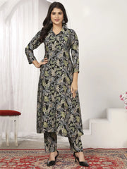 Precious Black Floral Printed Chanderi Casual Wear Kurti With Pant