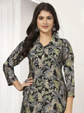 Precious Black Floral Printed Chanderi Casual Wear Kurti With Pant