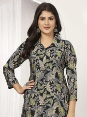 Precious Black Floral Printed Chanderi Casual Wear Kurti With Pant