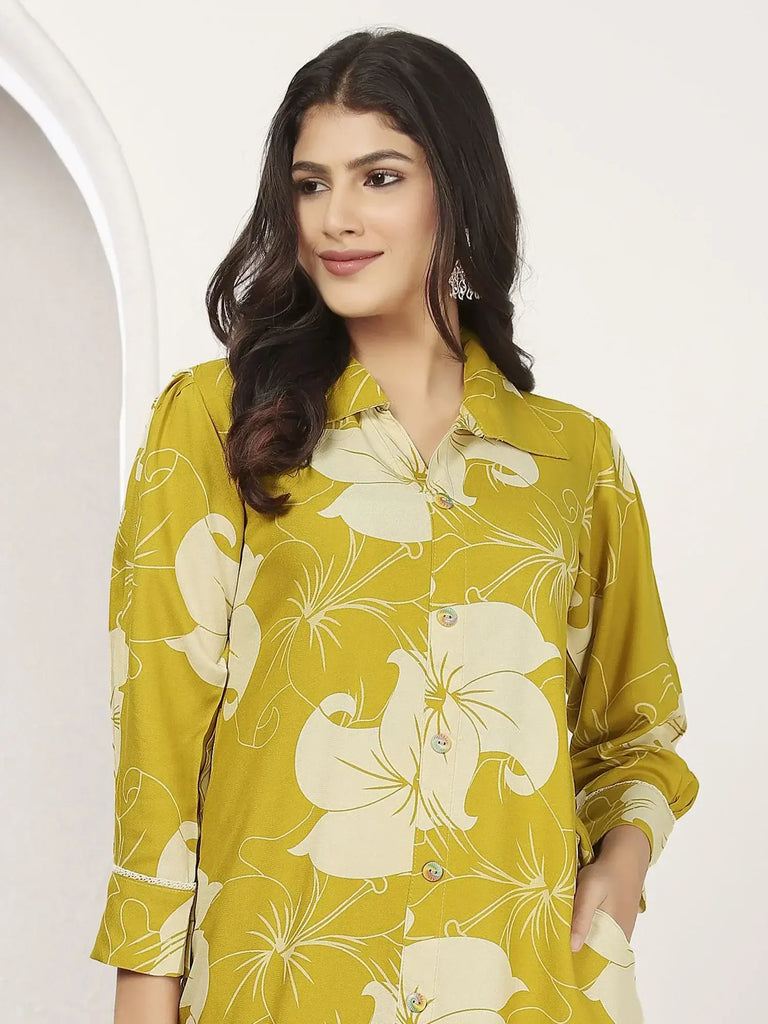 Awesome Mustard Yellow Floral Printed Rayon Kurti With Pant