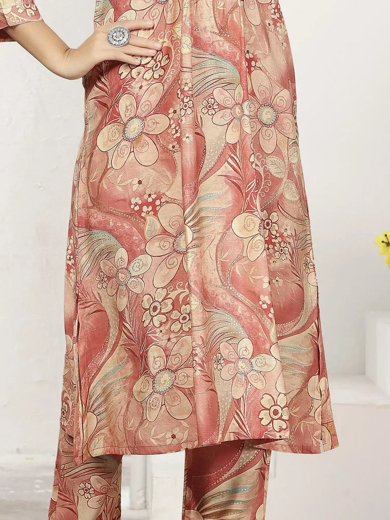 Beautiful Peach Floral Printed Chanderi Traditional Kurti With Pant