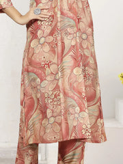 Beautiful Peach Floral Printed Chanderi Traditional Kurti With Pant