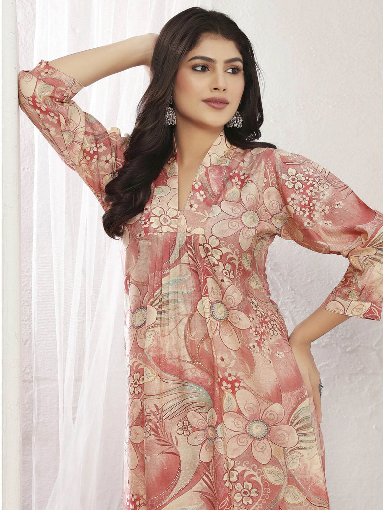 Beautiful Peach Floral Printed Chanderi Traditional Kurti With Pant