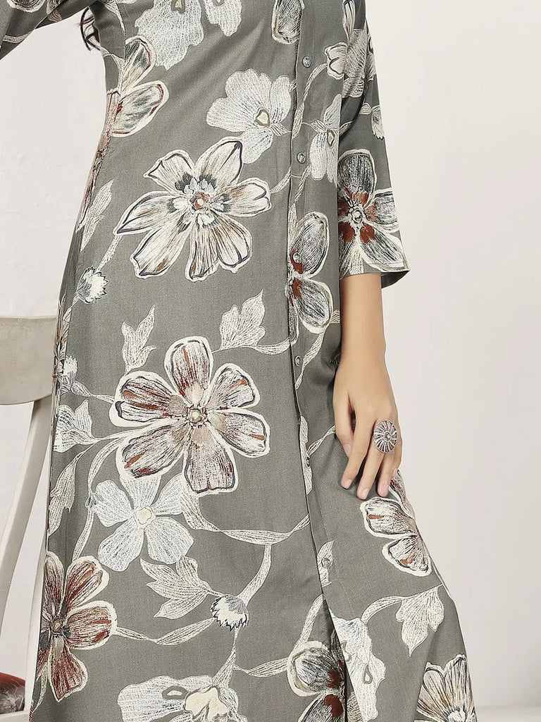 Gorgeous Grey Floral Printed Rayon Event Wear Kurti With Pant