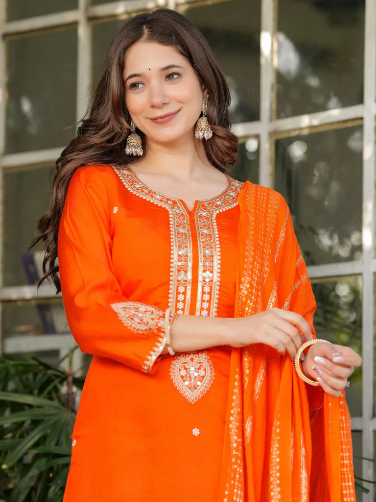 Astonishing Orange Embroidered Viscose Festival Wear Pant Suit