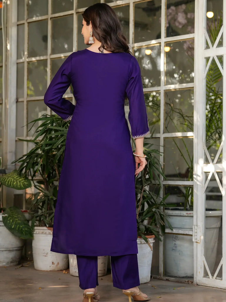 Wonderful Purple Embroidered Viscose Event Wear Pant Suit
