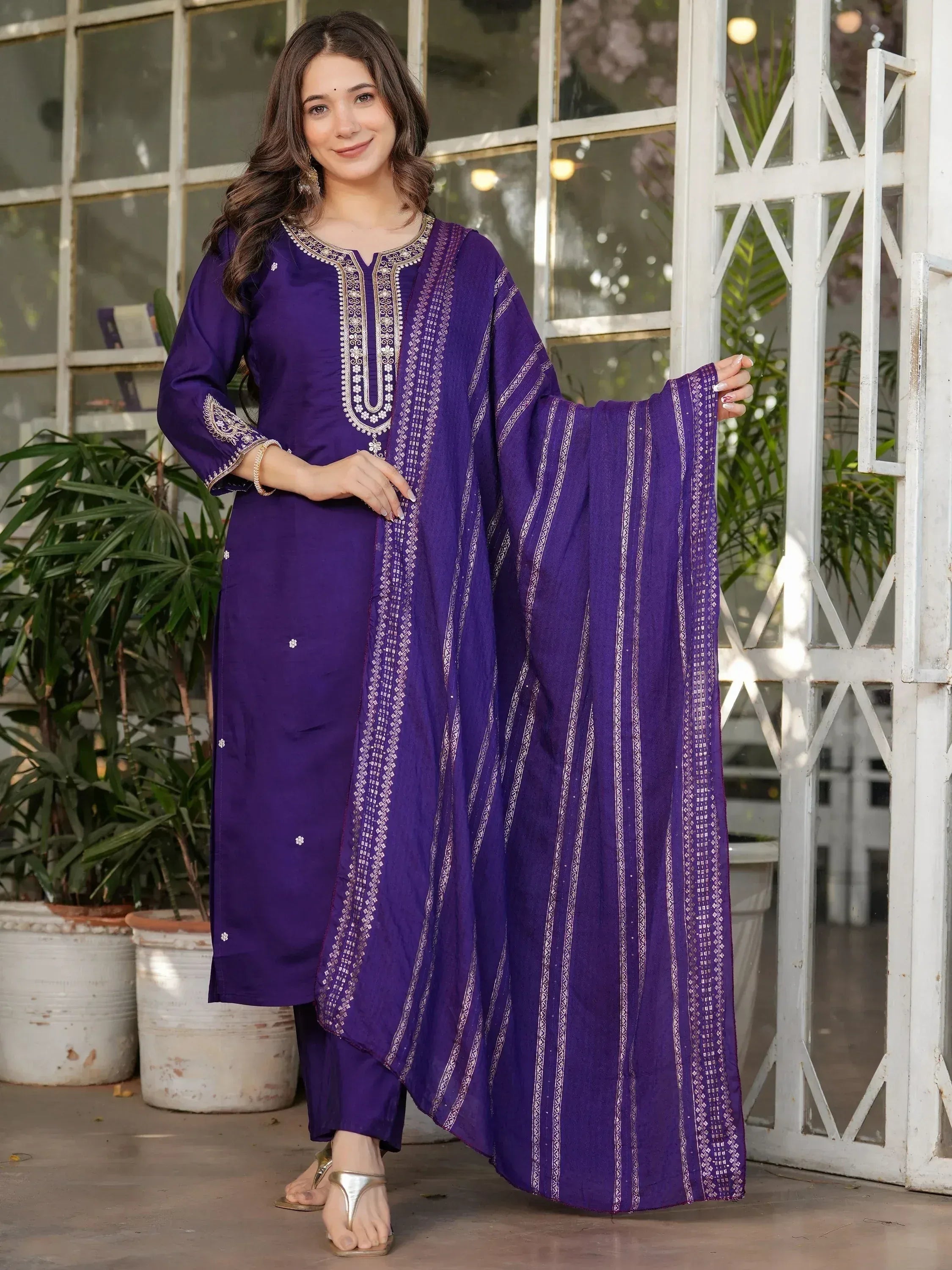 Purple embroidered salwar kameez with matching dupatta, Indian ethnic wear for women