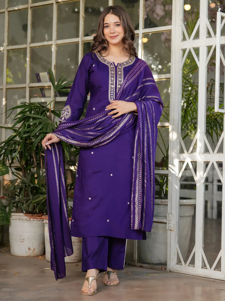Wonderful Purple Embroidered Viscose Event Wear Pant Suit