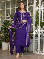 Wonderful Purple Embroidered Viscose Event Wear Pant Suit