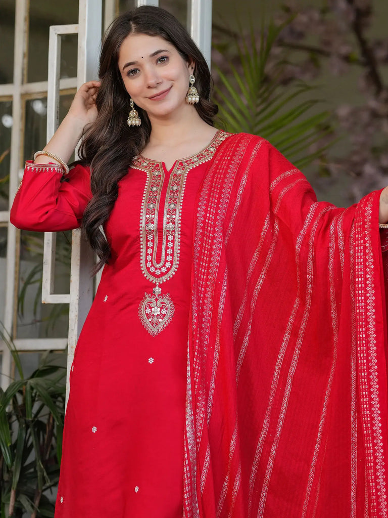 Lovely Red Embroidered Viscose Festival Wear Pant Suit With Dupatta