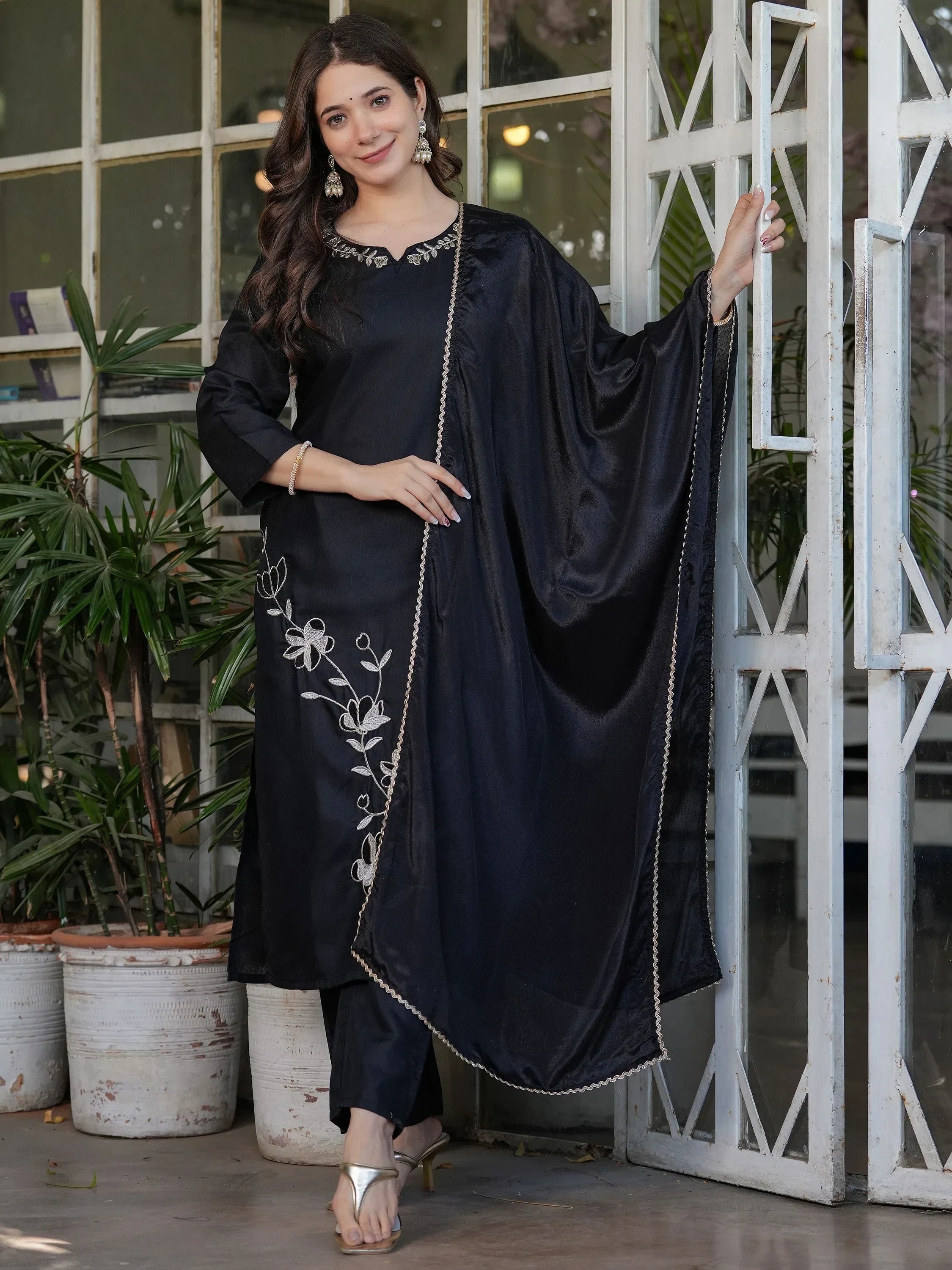 Charming Black Embroidered Viscose Pant Suit With Dupatta