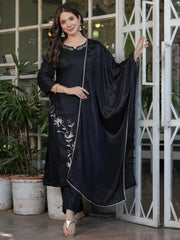 Charming Black Embroidered Viscose Pant Suit With Dupatta