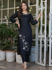 Charming Black Embroidered Viscose Pant Suit With Dupatta