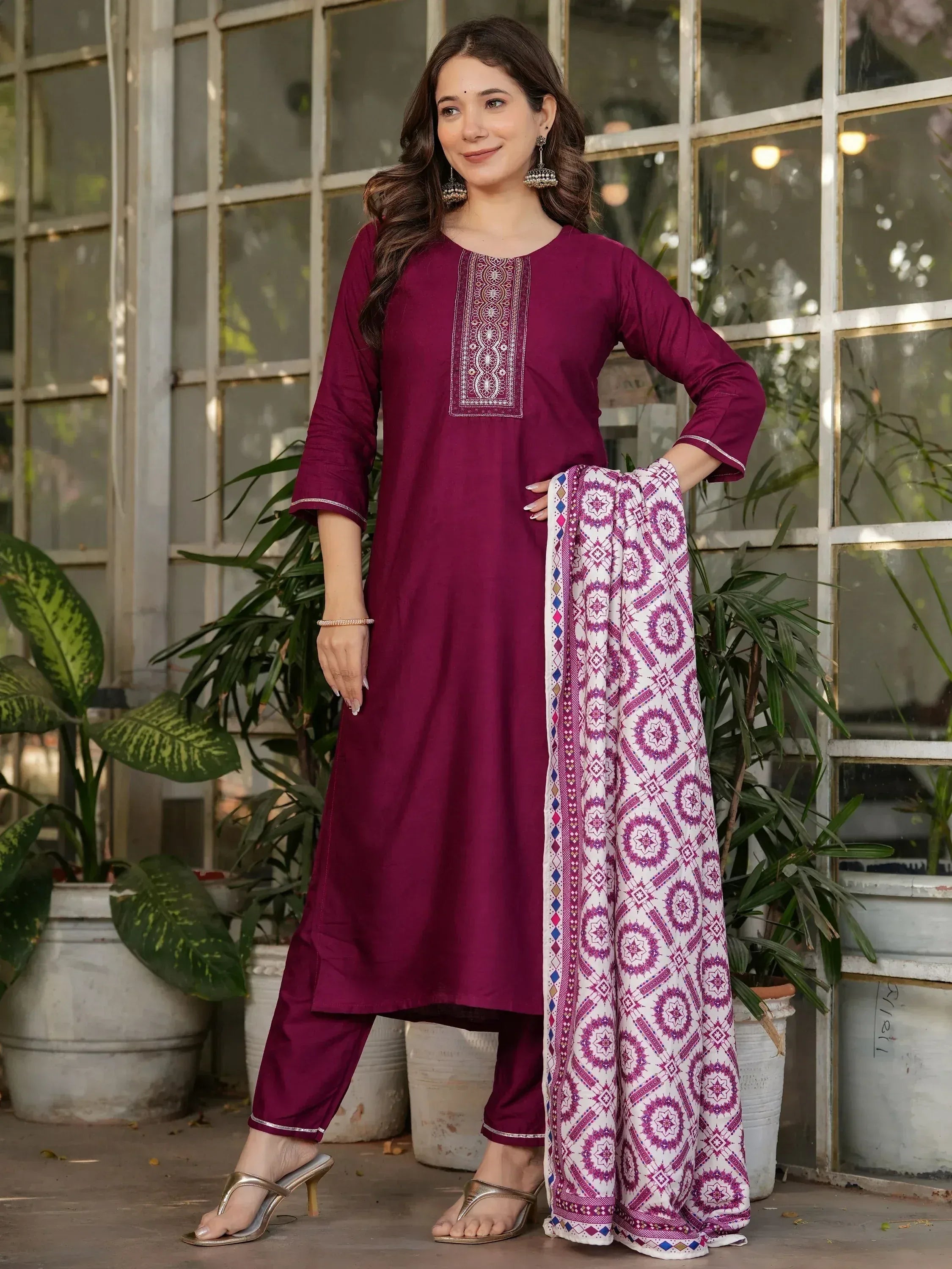 Maroon embroidered kurta with palazzo pants and printed dupatta, Indian ethnic wear