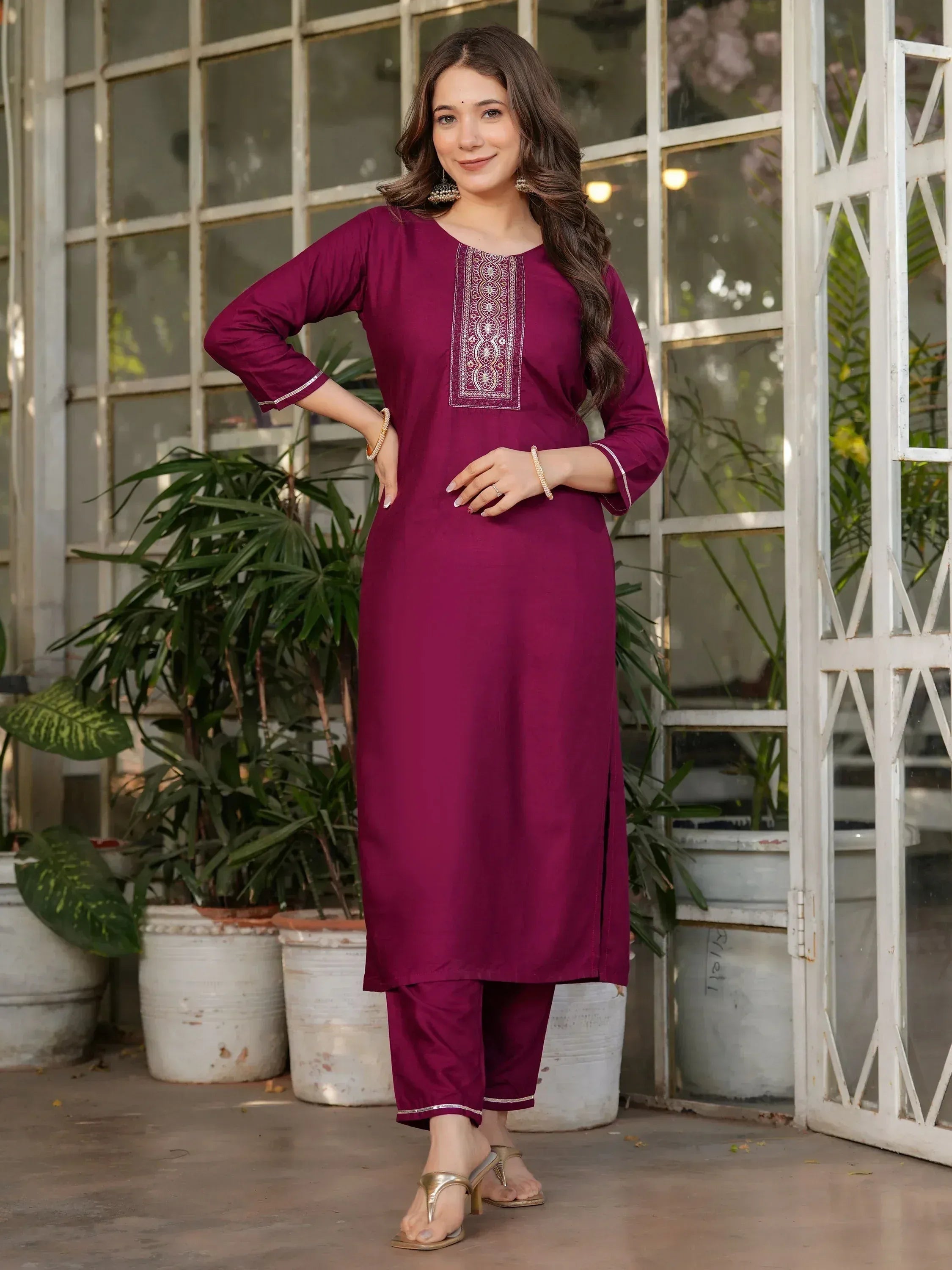 Maroon embroidered kurta with matching pants, Indian ethnic wear for women