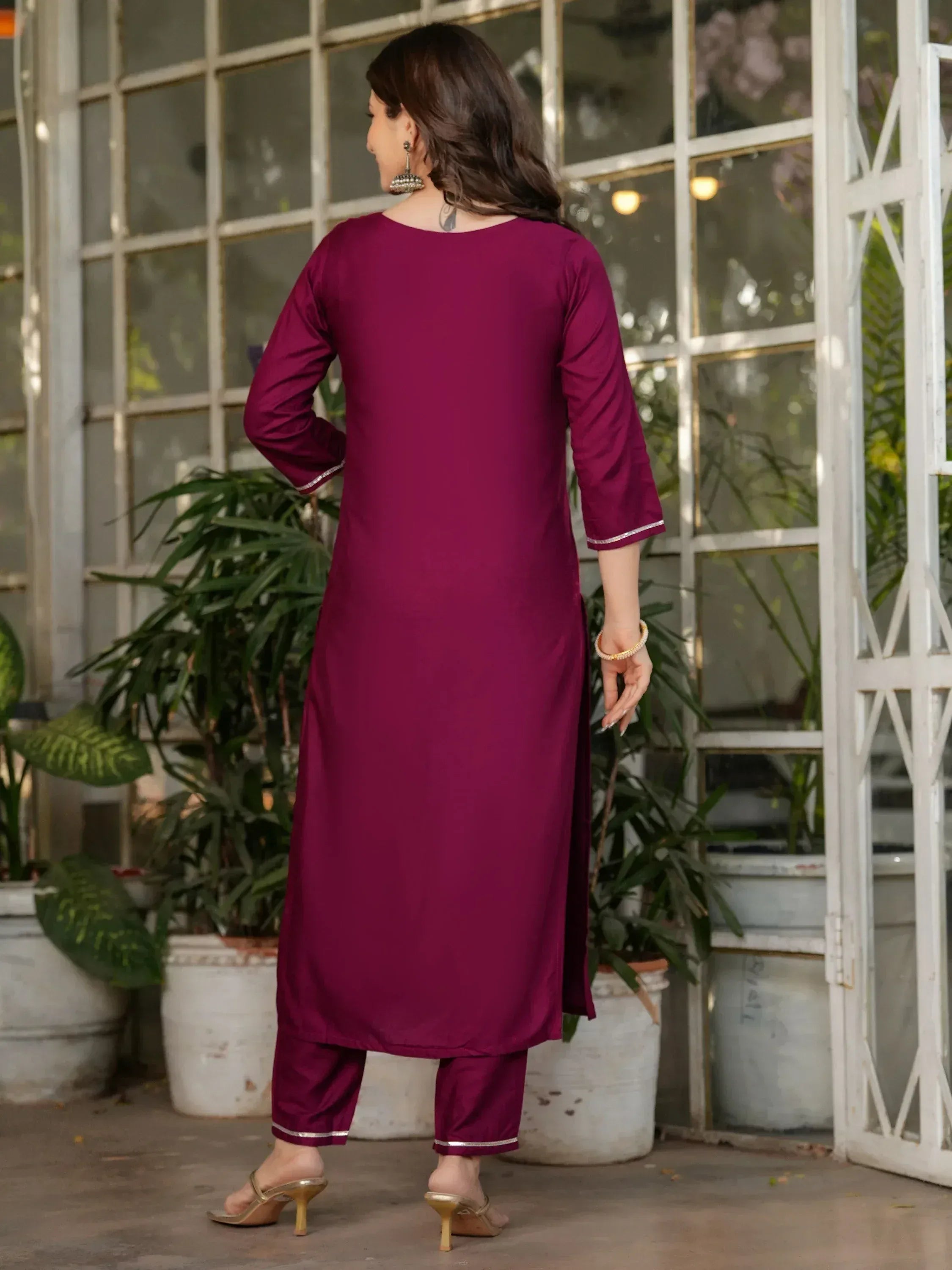 Purple ethnic kurta set with silver trim, perfect for Indian wear and festive occasions