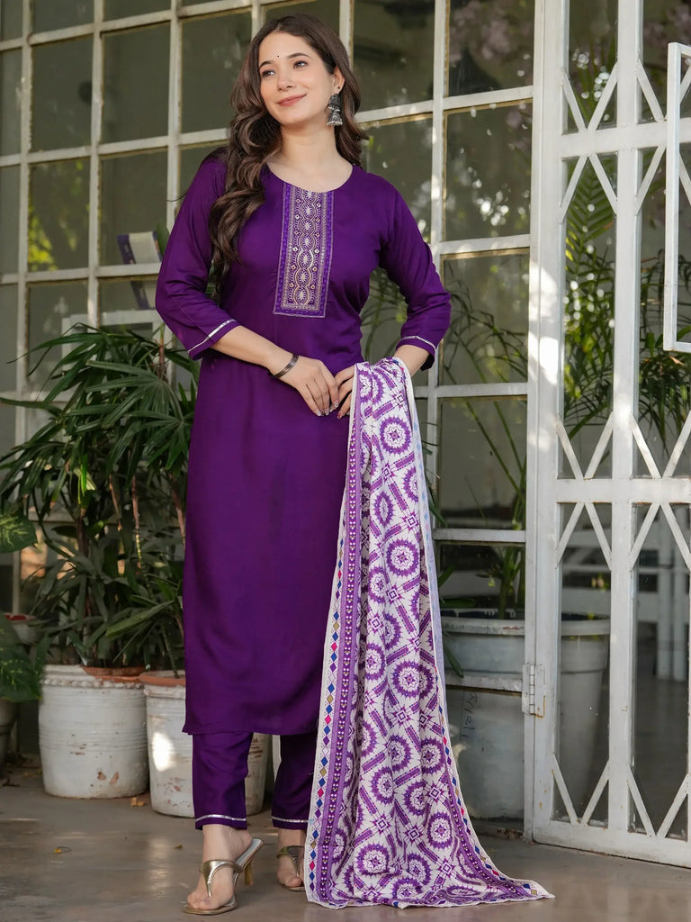 Attractive Wine Sequins Rayon Traditional Pant Suit With Dupatta