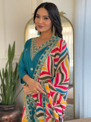Tantalizing Firozi Embroidered Viscose Event Wear Pant Suit