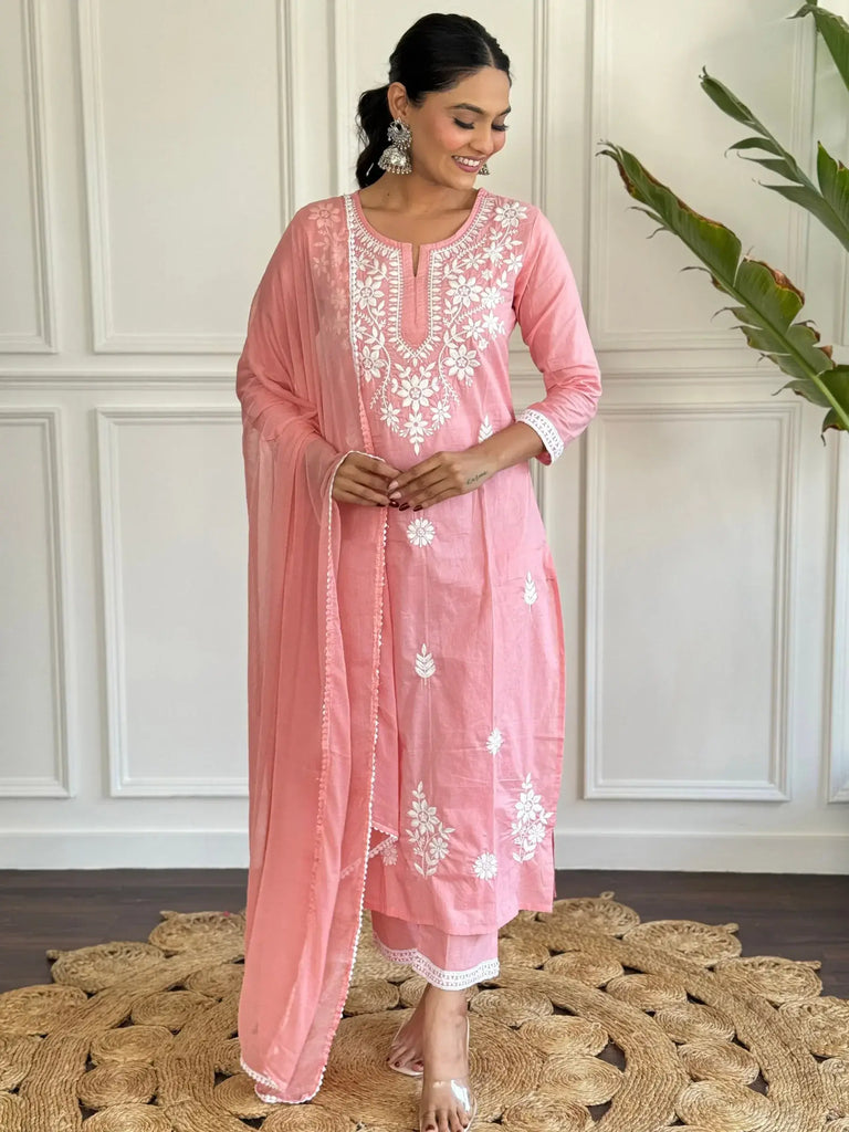Glamorous Pink Embroidered Cotton Pant Suit With Dupatta
