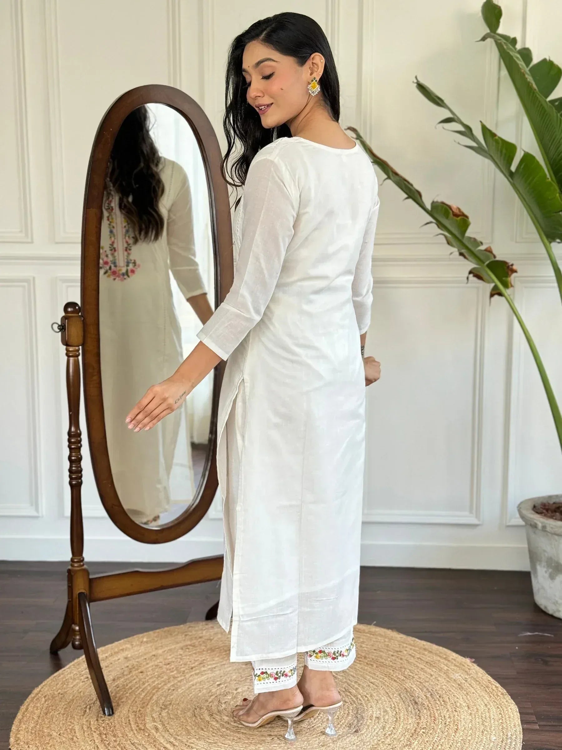 White embroidered kurta with matching pants, ethnic wear for women, stylish Indian outfit