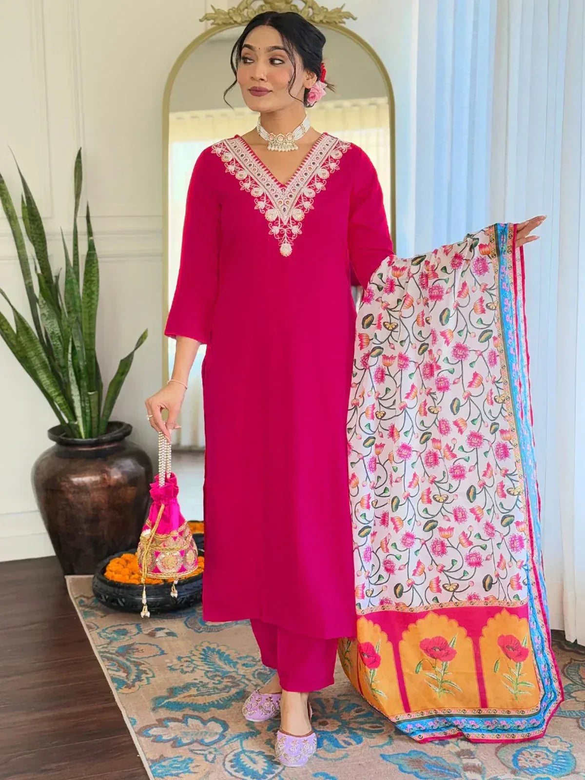 Pink embroidered kurta with floral dupatta, ethnic wear for women, designer salwar kameez set