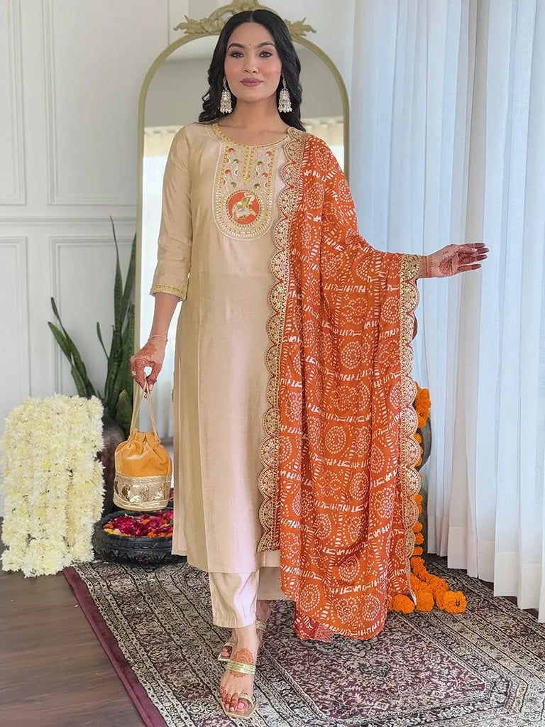 Dazzling Beige Embroidered Viscose Event Wear Pant Suit With Dupatta