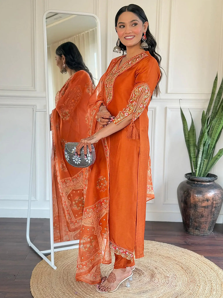 Stunning Orange Embroidered Viscose Traditional Pant Suit With Dupatta