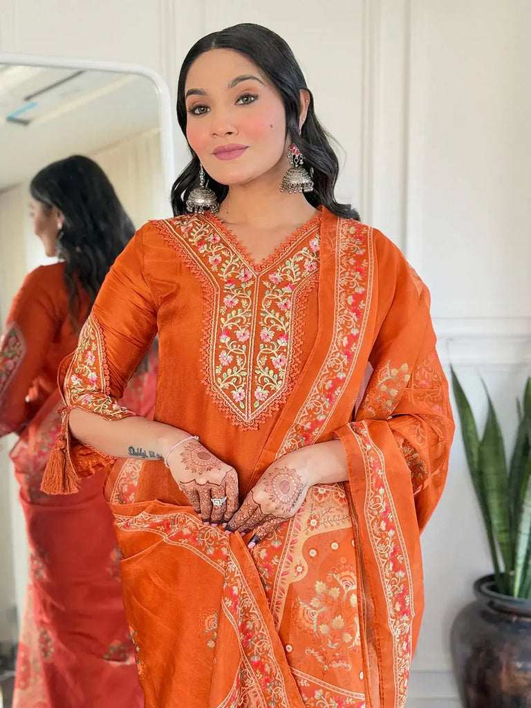 Stunning Orange Embroidered Viscose Traditional Pant Suit With Dupatta