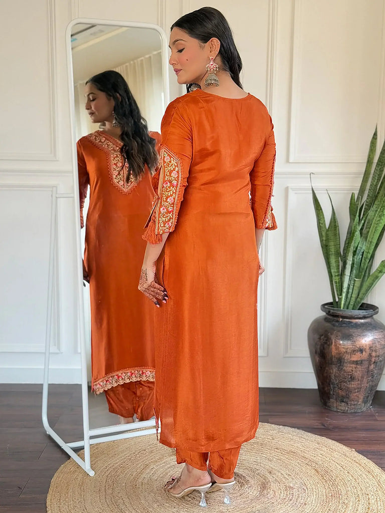 Stunning Orange Embroidered Viscose Traditional Pant Suit With Dupatta