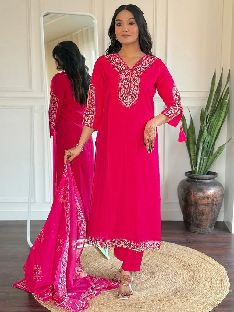Pretty Pink Embroidered Viscose Festival Wear Pant Suit With Dupatta