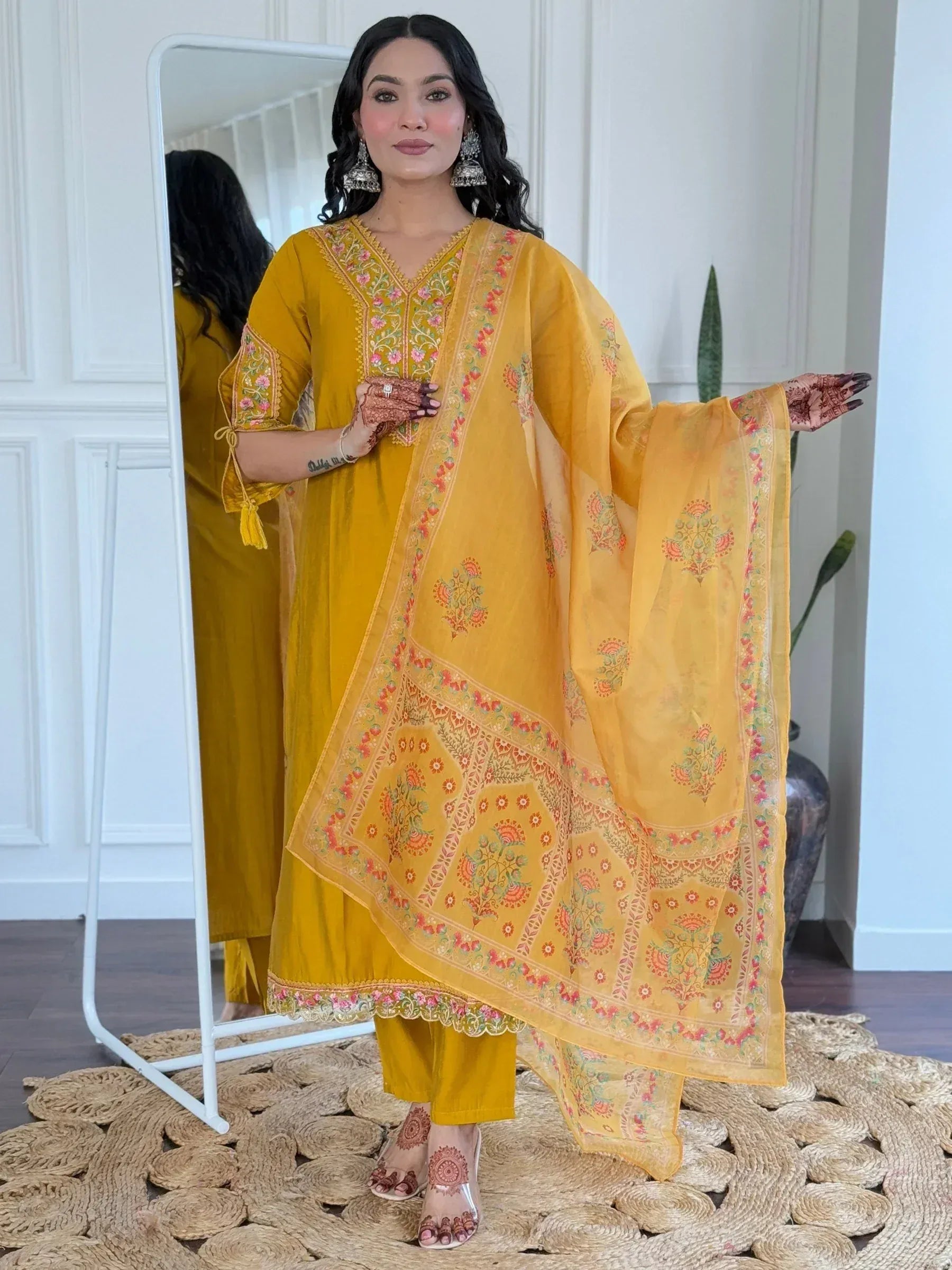Yellow embroidered salwar kameez with floral dupatta, ethnic Indian wear for women