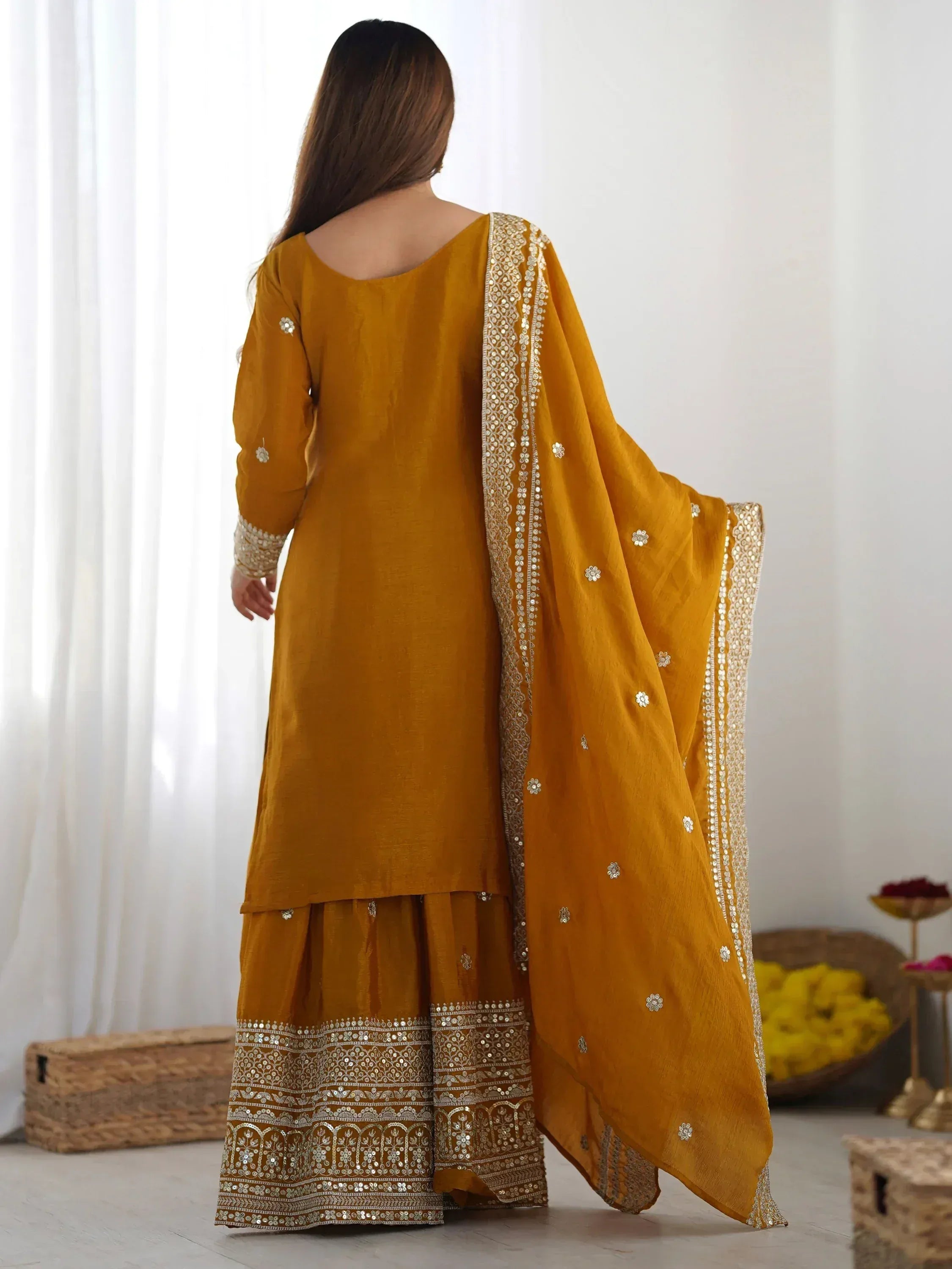 Mustard yellow salwar kameez with silver embroidery and dupatta, Indian ethnic wear