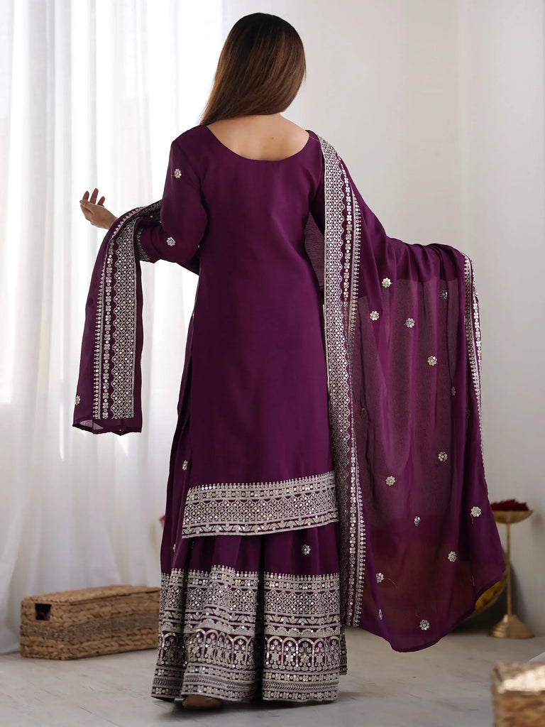 Stunning Purple Thread Work Chinon Wedding Wear Sharara Suit
