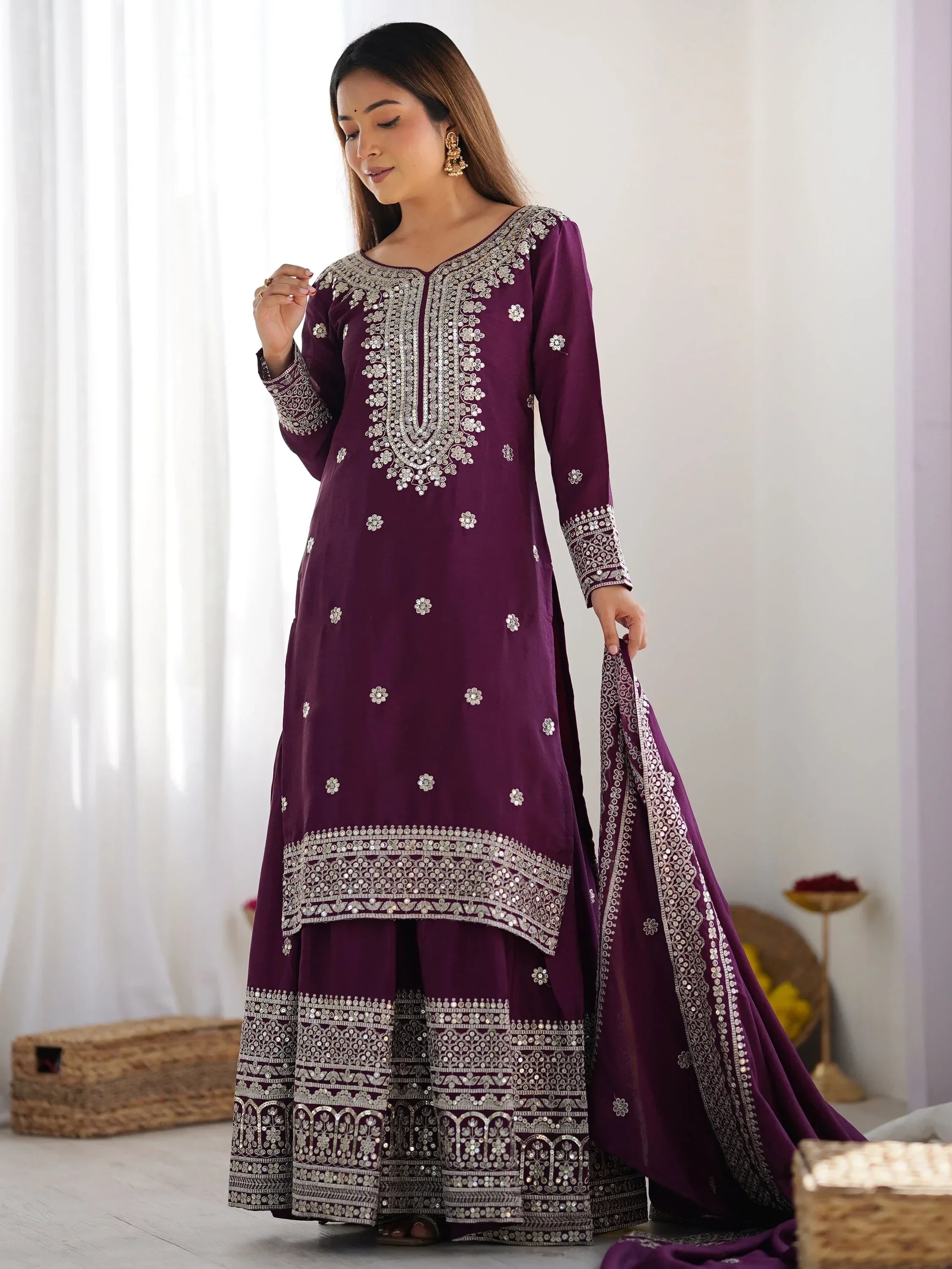 Stunning Purple Thread Work Chinon Wedding Wear Sharara Suit