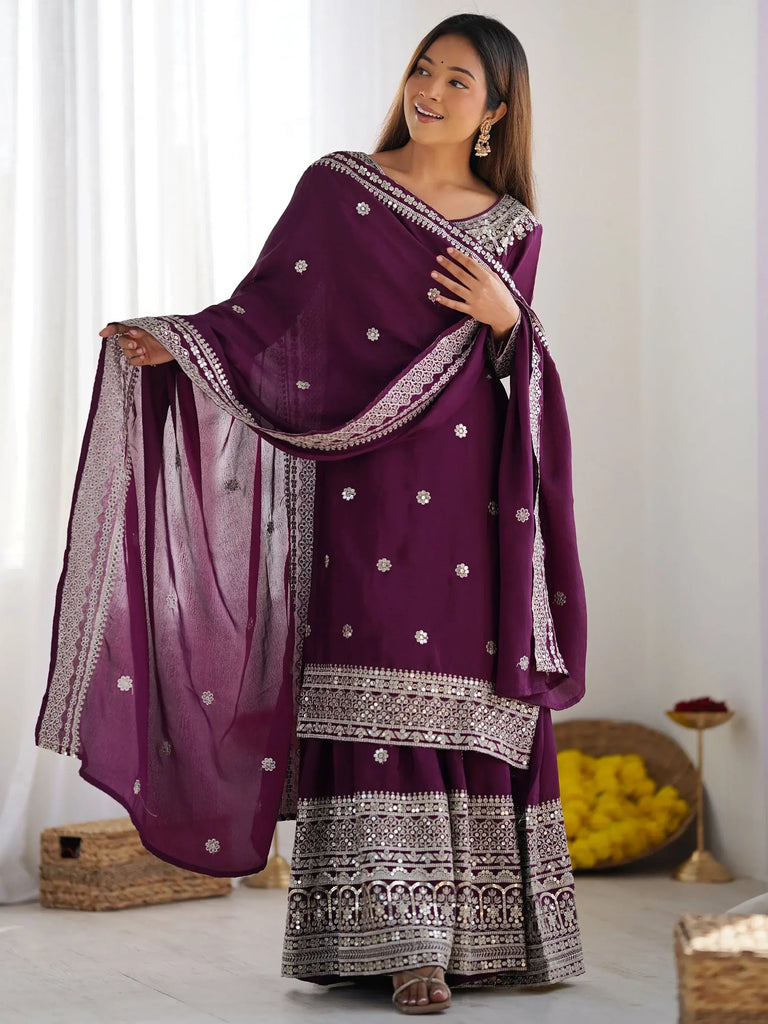 Stunning Purple Thread Work Chinon Wedding Wear Sharara Suit
