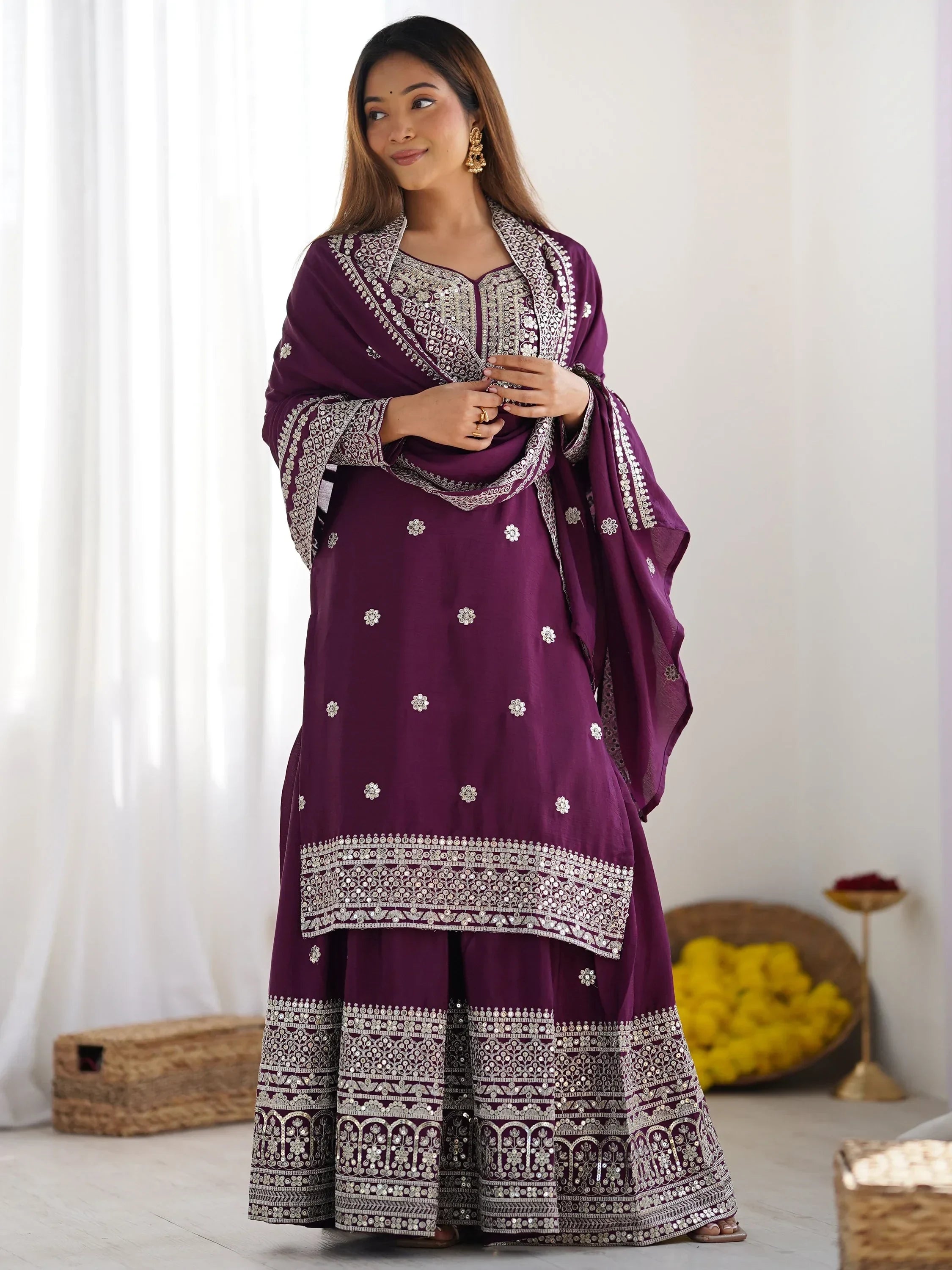 Stunning Purple Thread Work Chinon Wedding Wear Sharara Suit
