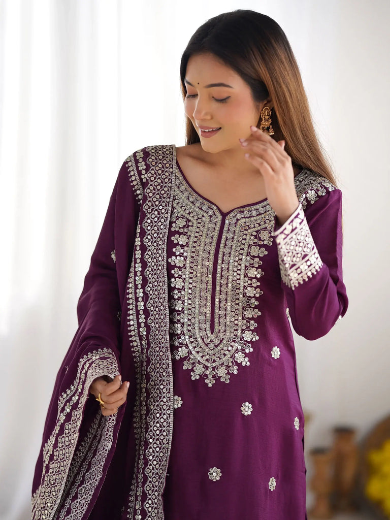 Stunning Purple Thread Work Chinon Wedding Wear Sharara Suit