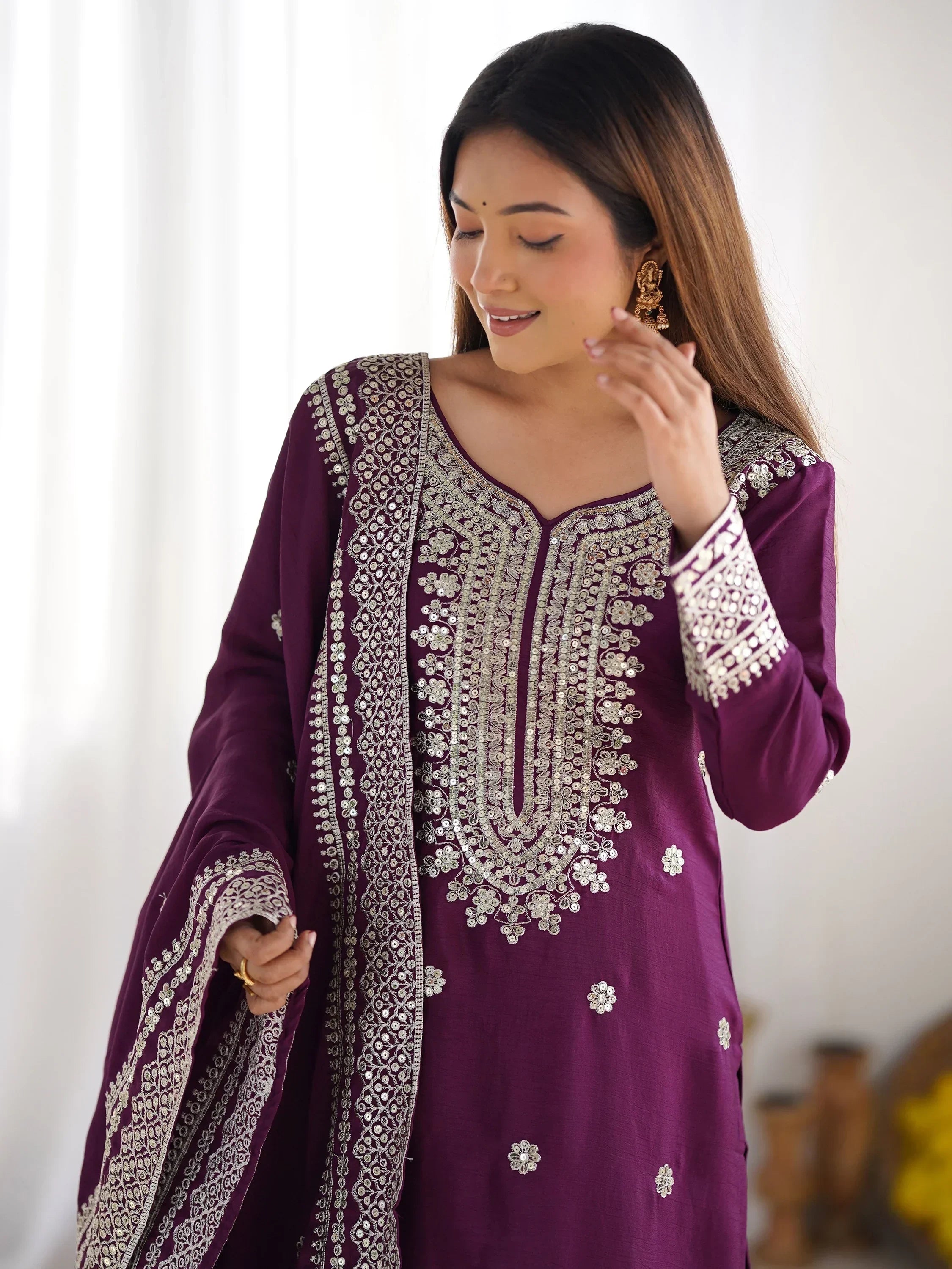 Stunning Purple Thread Work Chinon Wedding Wear Sharara Suit