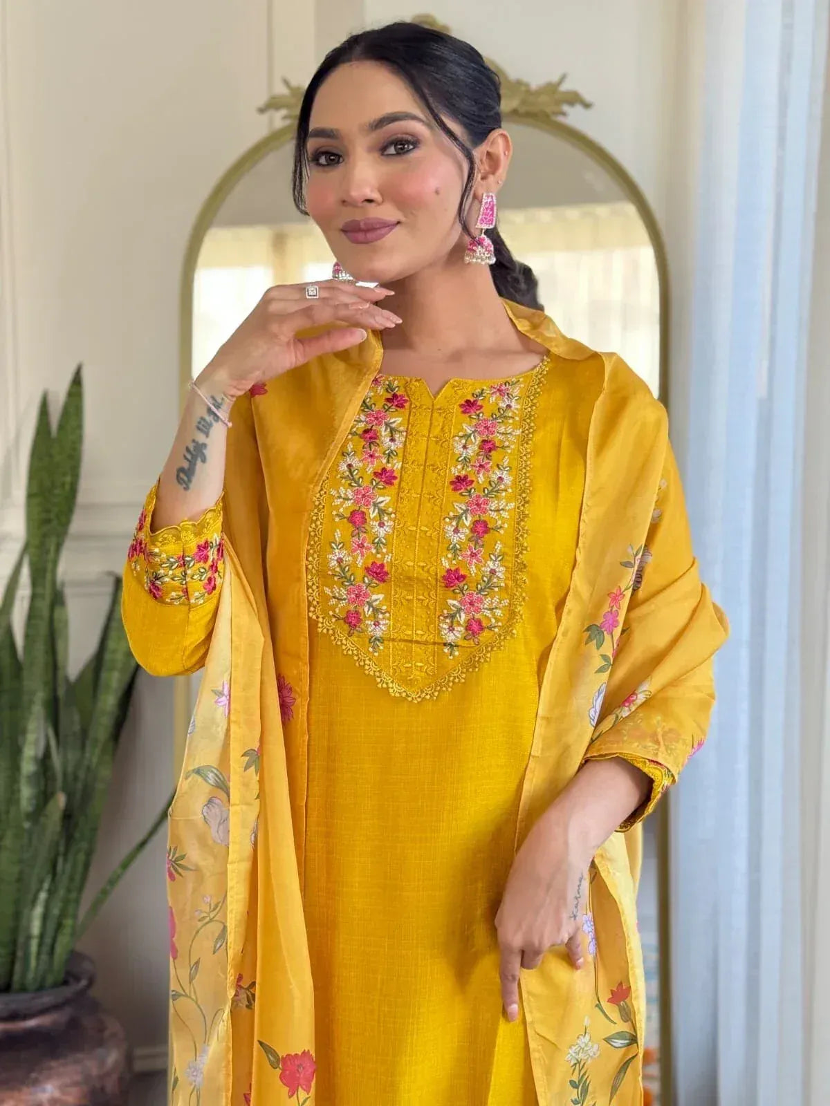 Yellow floral embroidered salwar kameez with matching dupatta, ethnic Indian wear for women
