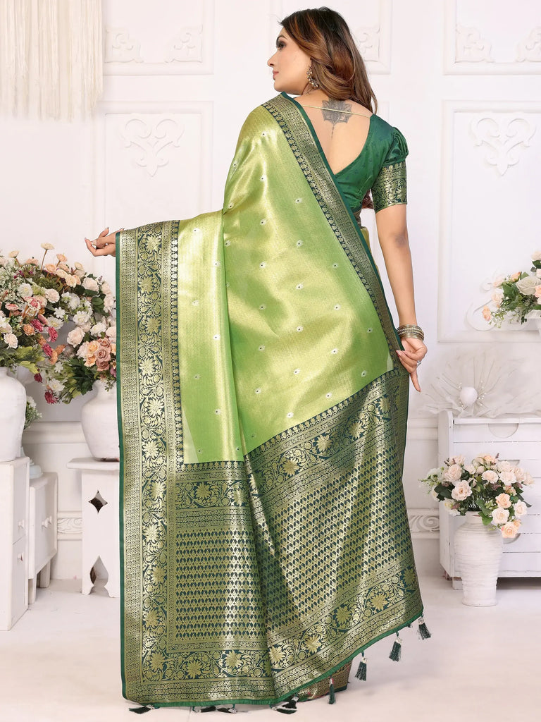 Alluring Green Zari Weaving Banarasi Silk Traditional Saree With Blouse