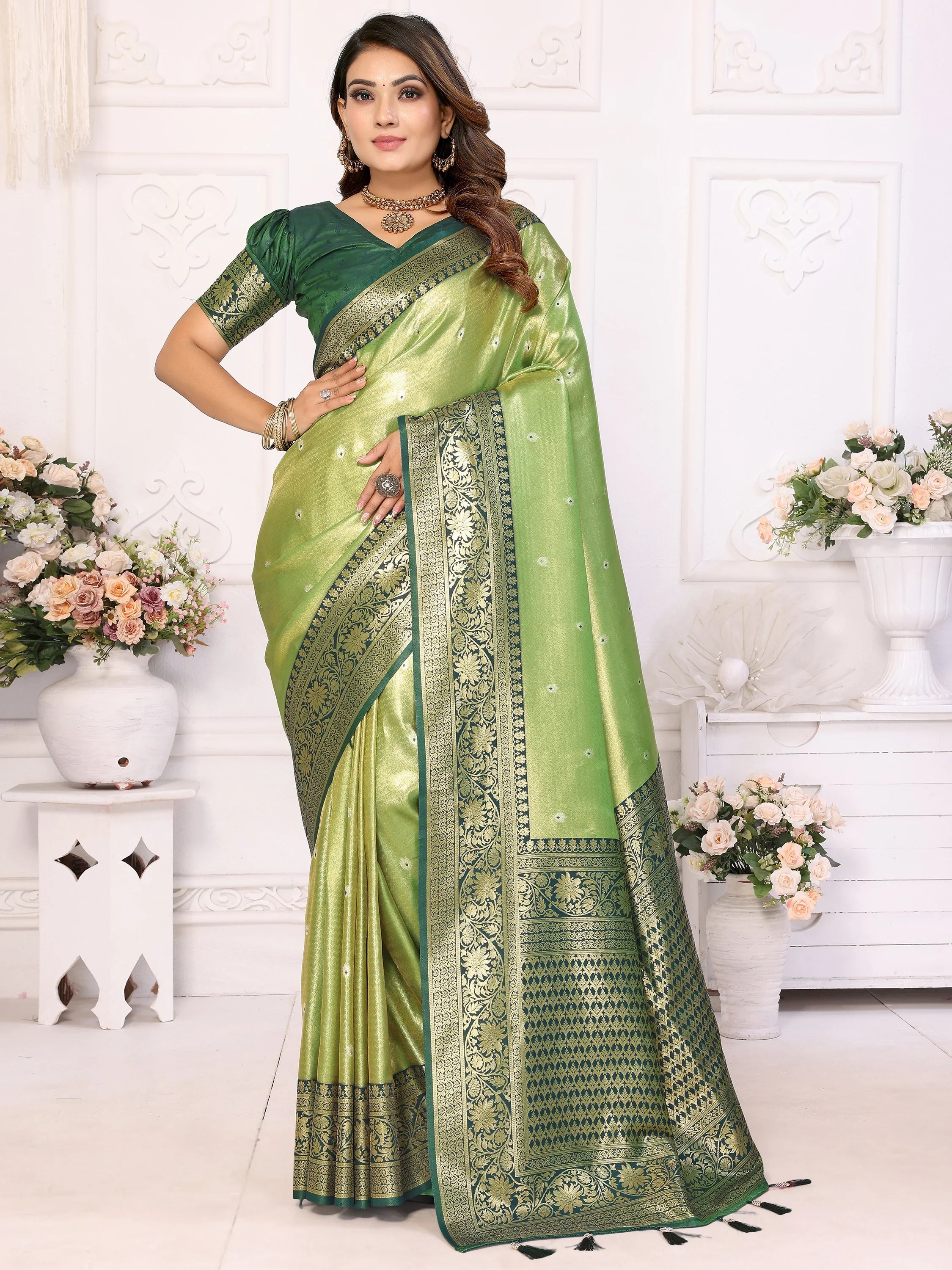 Alluring Green Zari Weaving Banarasi Silk Traditional Saree With Blouse