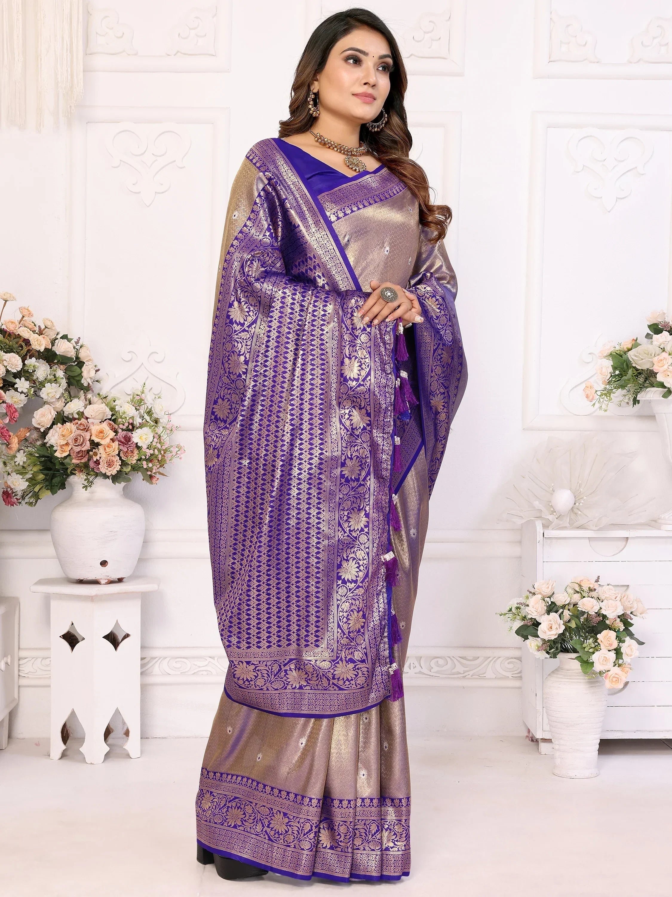 Glamorous Purple Zari Weaving Banarasi Silk Festival Wear Saree