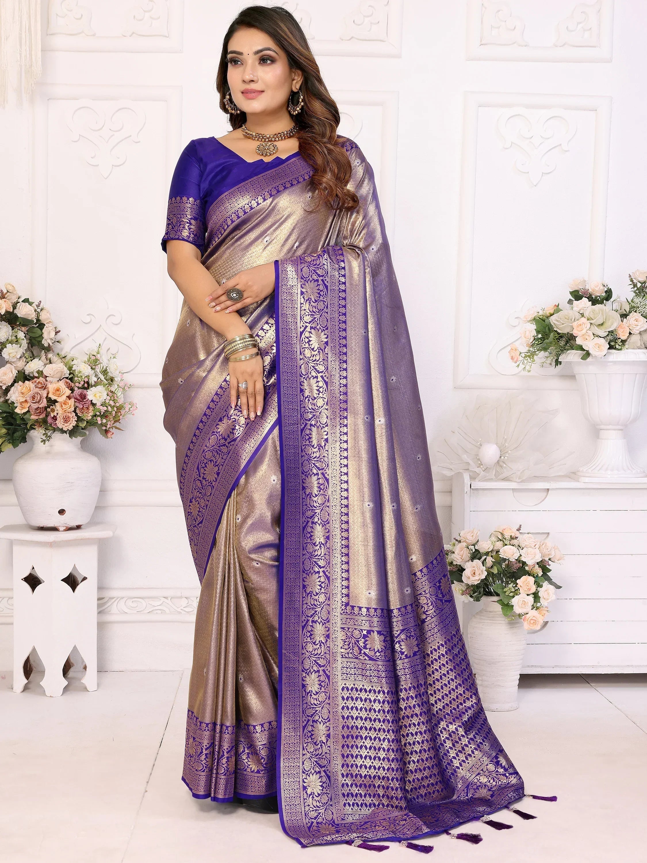 Glamorous Purple Zari Weaving Banarasi Silk Festival Wear Saree