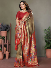 Wonderful Brown Zari Weaving Banarasi Silk Paithani Saree