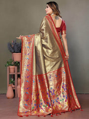 Wonderful Brown Zari Weaving Banarasi Silk Paithani Saree