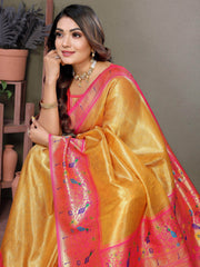 Enchanting Mustard Yellow Zari Weaving Banarasi Silk Paithani Saree
