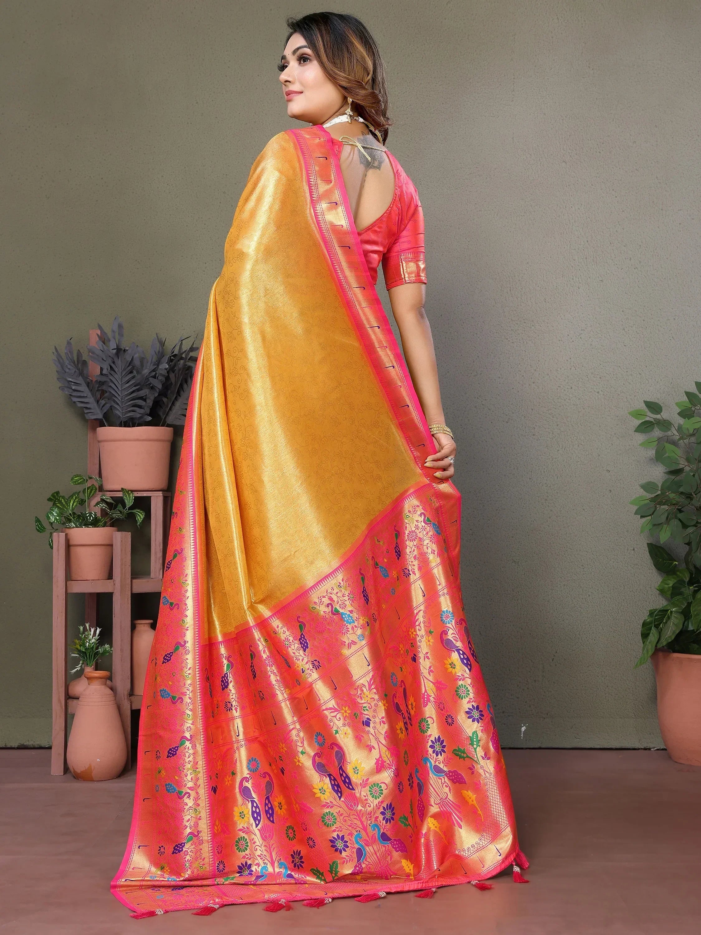 Enchanting Mustard Yellow Zari Weaving Banarasi Silk Paithani Saree